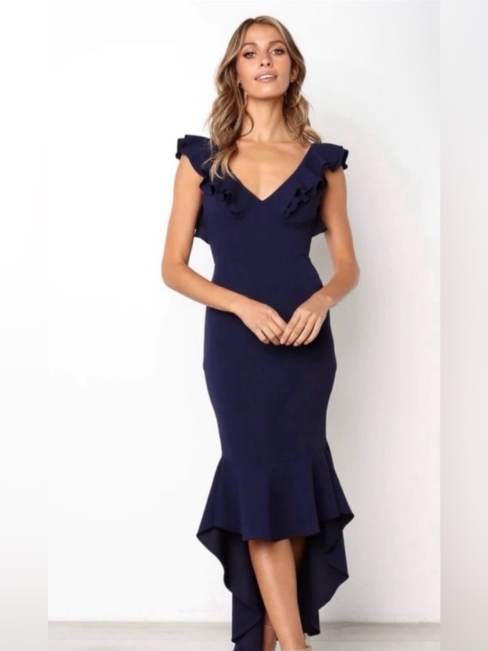 Petal & Pup Navy Ruffle-Shoulder High-Low Maxi Midi Dress